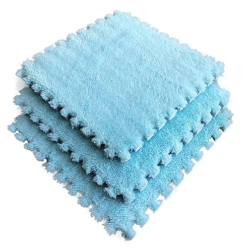 12pcs Tiled Puzzle Play Mats Interlocking Shaggy Soft EVA Foam Mats Protective Floor for Children Kids Room Home Parlor Bedroom(Lightblue) - color: Lightblue