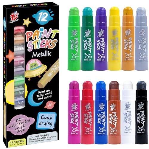 TBC The Best Crafts Paint Sticks,12 Colors Metallic, Washable, Non-toxic, Tempera Paint Sticks for Kids and Students - color: 12 Colors Metallic