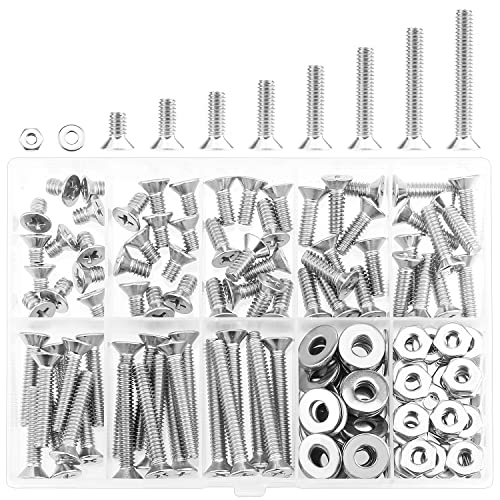 HELIFOUNER 140 Pieces #10-24 Phillips Countersunk Head Machine Screws Nuts Washers Assortment Kit, Coarse Thread, Fully Machine Threaded, 304 Stainless Steel - size: #10-24