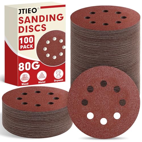 JTIEO 100PCS Sanding Discs 80 Grit, 5 Inch Orbital Sander Pads, Hook & Loop Sandpaper Pads, 8 Hole Round Sanding Discs for Random Orbital Sanders - style: 80Grit-100pcs