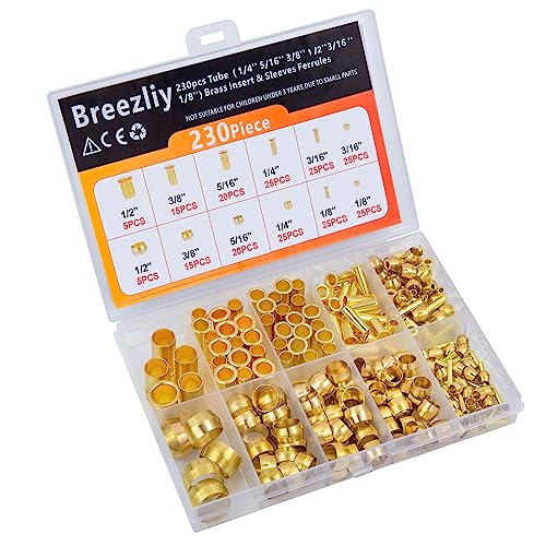 Compression Fittings Assortment kit-6 Sizes(1/8"3/16" 1/4" 5/16" 3/8" 1/2") Brass Compression Sleeves Ferrules & Insert,used to connect lines for air,water,fuel,oil and inert gases - size: 230 pcs, 1/8", 3/16", 1/4", 5/16", 3/8", 1/2"