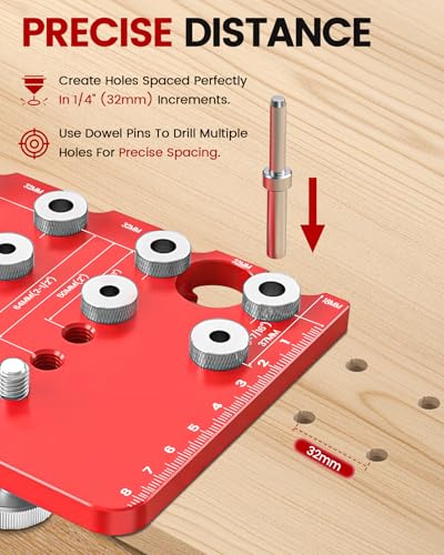 TANYO Shelf Pin Jig and Hinge Jig 2 In 1, 1/4 Inch Adjustable, 7 Hole - color: Red, size: 7 Hole