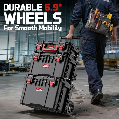 JEKO&JEKO 3-Piece Rolling Modular Tool Box System with Large Rolling Tool Box & Small Parts Organizer for Garage Storage, DIY Projects, Professional Use & Home Repairs