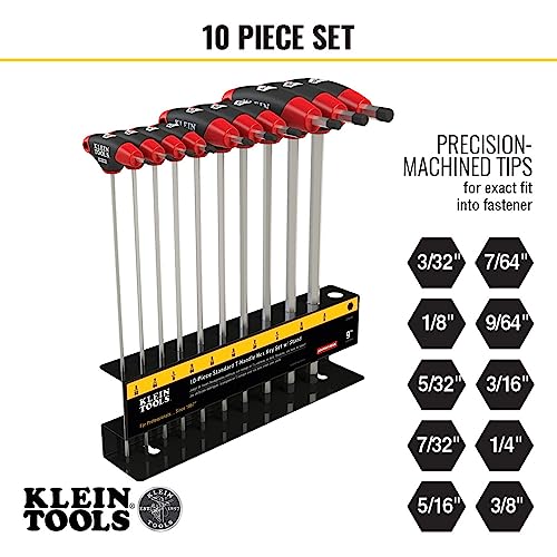 Klein Tools JTH910E T-Handle Hex Key Set, SAE Inch Sizes Allen Wrench Set with 9-Inch Blades, Stand Included, 10-Piece