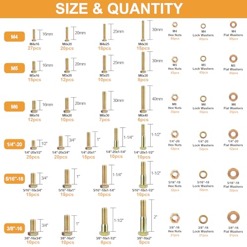 VIGRUE 1060PCS SAE & Metric Bolts Nuts Assortment Kit 1/4-20 5/16-18 3/8-16 and M6 M5 M4 Heavy Duty Assorted Hex Bolts Washers Nuts Fasteners Set with Portable Box, 25 Different Sizes - size: 1060PCS SAE & Metric Bolts