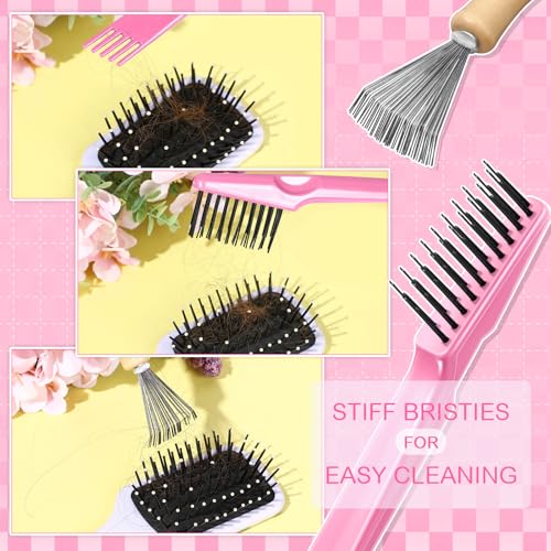 Boao 2 Pack Hair Brush Cleaner,Pink, Wood Color,Polished Wooden Handle Rake - color: Pink, Wood Color, style: Polished Wooden Handle Rake
