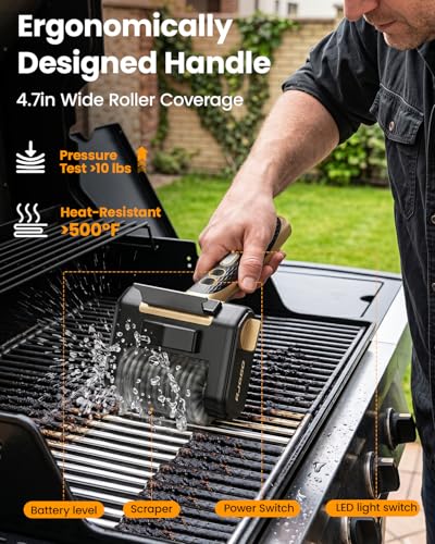 Cordless Electric Grill Brush with LED Light and Front Scraper, Gold - color: Gold