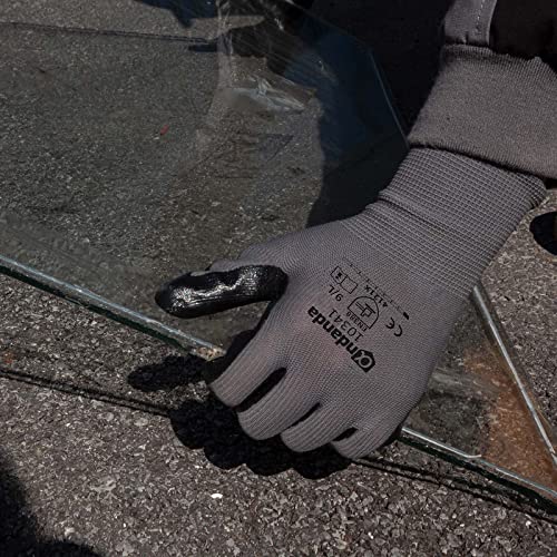 ANDANDA Smart Touch Work Gloves - 12 Pairs, 3D Comfort Stretch Fit, Nitrile Coated with Grip, Seamless Knit Nylon, Suitable for Warehousing, Logistics, Handling, Black (XL)