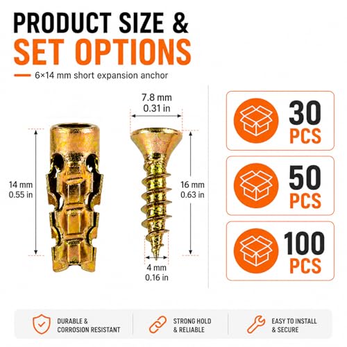 6×14mm Short Expansion Screw Set for Cabinet Hinge Repair, Expansion Anchor