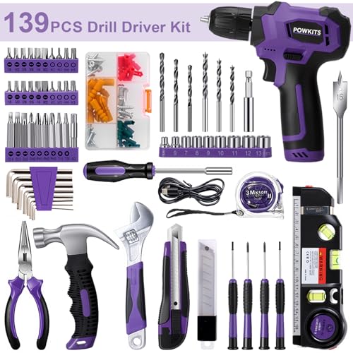 8V Purple Cordless Drill Set for Women, Starter Tool Kit with Drill | Electric Drill, USB Charger, 3/8" Keyless Chuck, 139-PIECE Tool Set with Drill for Home Repairs, DIY Project