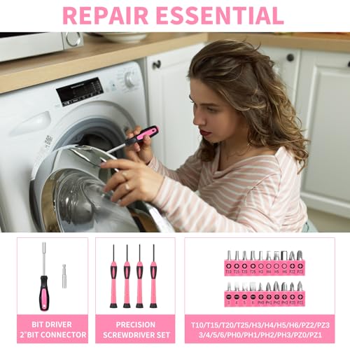 HANGYING 39-Piece Household Tool Set, Pink Tool Kit for Women with Toolbox - color: Pink