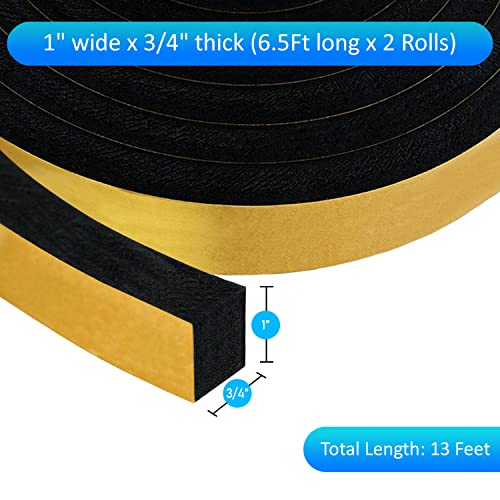 High Density Foam Weather Stripping Door Seal Strip Insulation Tape Roll for Insulating Door Frame, Window, Air Conditioner | Self Adhesive Sealing Weatherstrip (Black, 1 in 3/4 in x 13 Ft) - color: Black, size: 1 In x 3/4 In x 13 Ft