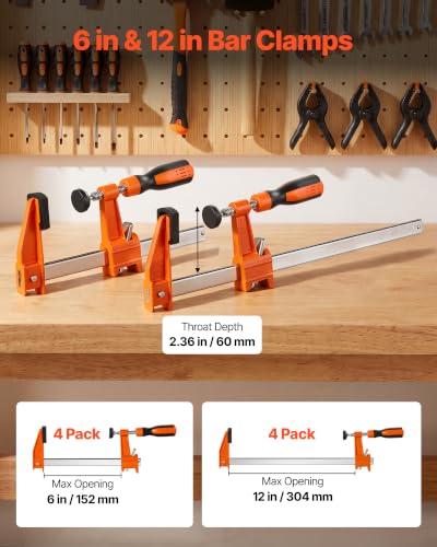 VEVOR Bar Clamps for Woodworking, 8-Pack, 6" and 12" F Clamps, 600 lbs Load Limit, with Plastic Pad and Self-Locking Design, Malleable Iron and Carbon Steel, for Wood Working and Metal Working - size: 12"& 6" (8 Pack), style: Medium-Duty