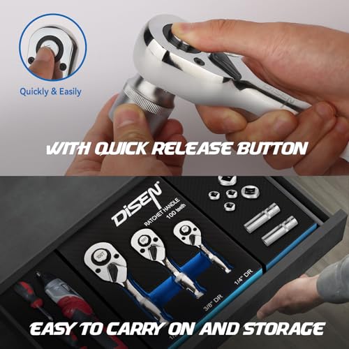 DISEN 3-Piece Stubby Ratchet Set – 1/4", 3/8", 1/2" Drive | 100-Tooth Ratchet with EVA Storage Tray | Quick Release Button | Non-Slip Grip | Reversible 3.6° Design for Tight Spaces, Chrome Finish - size: 1/4''+3/8''+1/2'' Set, style: 100T Stubby Ratchet S