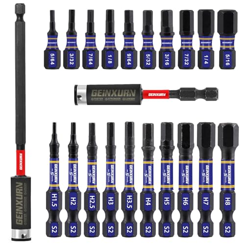 GEINXURN 22 Pieces Multi Hex Head Impact Tough Magnetic Allen Wrench Drill Bits Set, (Metric&SAE) 1 in./2 in. Mixed Hex Head S2 Steel Power Bits Set with Bit Extension Holder - size: SM-22