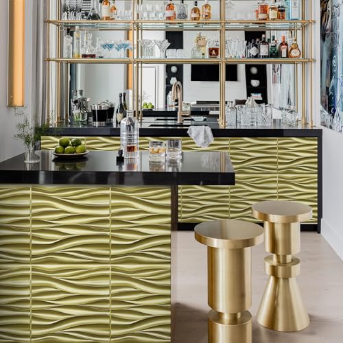 STICKGOO 3D Wall Panels, Champaign Gold Wave Design, 19.7''x19.7'' - color: Champaign Gold