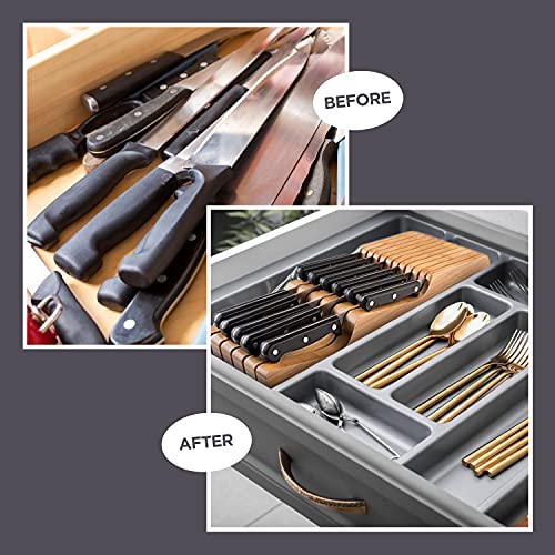 Bambüsi Knife Drawer Organizer 16 Slot In-Drawer Knife Block Holder, Bamboo - color: Bamboo, size: 17" x 5.3" x 2"