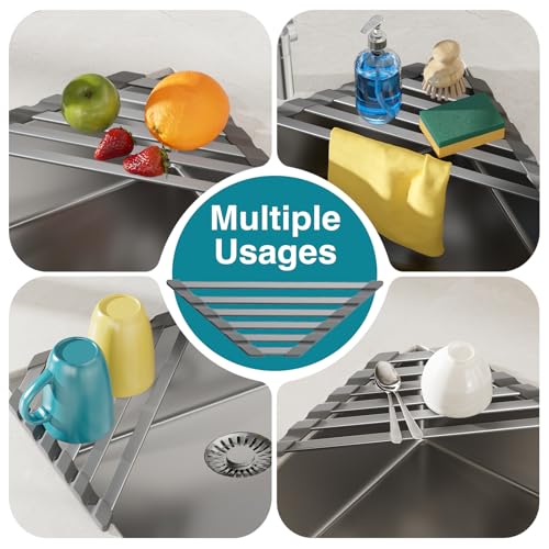COOL-ANGLE Triangular Corner Sink Drying Rack, Aluminum, 16"x9.5", Gray
