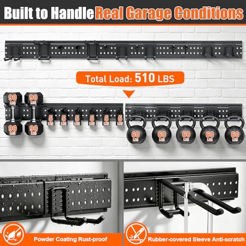 Garage Tool Organizer Wall Mount 66 inches with 13 Adjustable Heavy-Duty Hooks, Garage Organization, Garden Tool Storage Rack for Garage, Yard, and Shed, Holds Up to 520 lbs - color: Black, size: 64" | 4 Panels + 13 Hooks