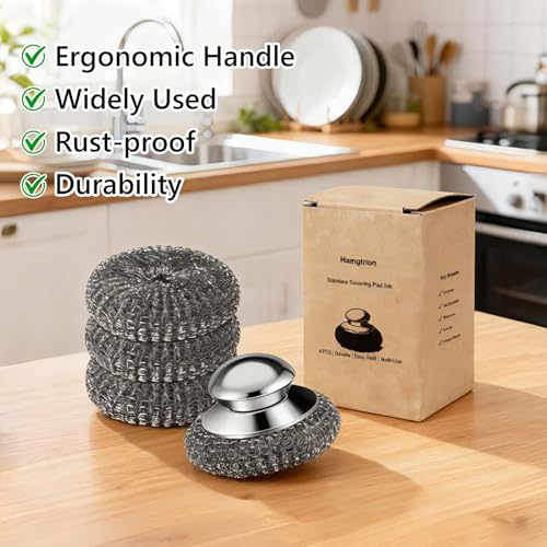 Steel Wool Scrubber, 4-Pack Stainless Steel Scrubber Pads with Handle - The Ultimate Scouring Solution for Rust, Stubborn Messes on Cookware, Grill, Oven & Kitchen Sinks - size: 1 Handle+3 Pads