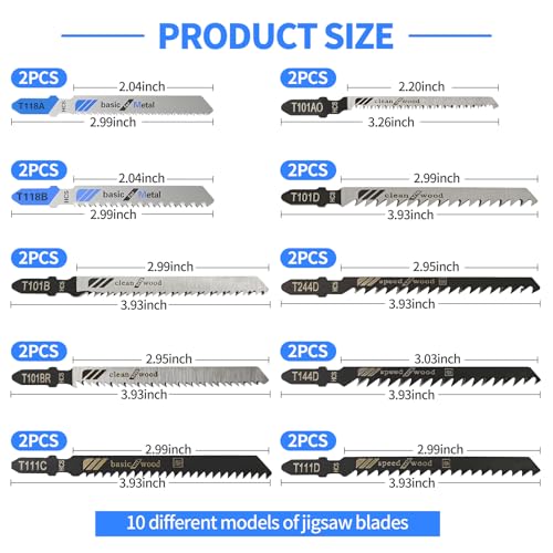 20 PCS Jigsaw Blades,High Carbon Steel Assorted T-Shank jig Saw Blades for Wood, Metal, Plastic Cutting(T101B,T101BR,T101D,T144D,T244D,T111D,T111C,T118A,T118B,T101A0) - size: 20PCS