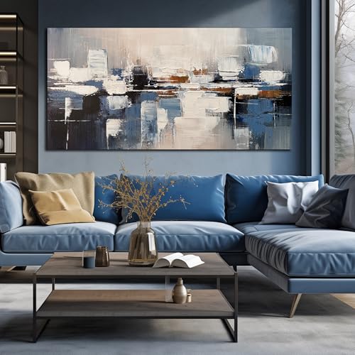AUUZAIUA Abstract Canvas Wall Art Blue and White Oil Painting 29x58 Inch - size: 29"L x 58"W