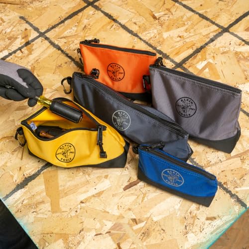 Klein Tools 55569 Stand-Up Zipper Bag Tool Pouch with Carabiners, Reinforced Gusseted Bottoms, Water Resistant 1680d, Multi-Size 5-Pack