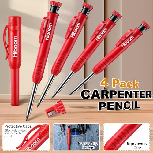 Hiboom 4 Pack Carpenter Pencil with 36 Refills Built In Sharpener (Red) - color: Red
