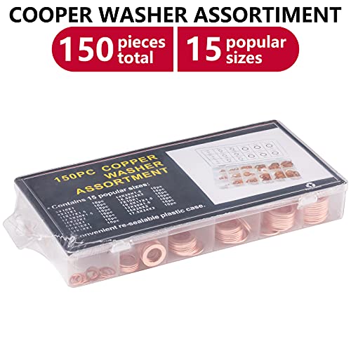 Toolwiz 150PCS 15 Sizes Copper Washers Metric Sealing Assortment M17.5-M5 | Flat Ring Sump Plug Crush Washer Oil Drain Plug Gasket Seal Assortment Set M5/6/7/8/10/10.5/11/12/12.5/14/15/16/16.5/17.5