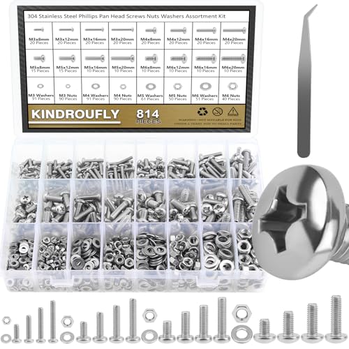 814 Pieces Phillips Pan Head Machine Screws Nuts Washers Kit, Kindroufly M3 M4 M5 M6 Screw Assortment Kit, Metric Screw Set, Bolts and Nuts, Machine Screws, 304 Stainless Steel, Fully Machine Thread - size: M3/M4/M5/M6, style: Phillips Pan Head