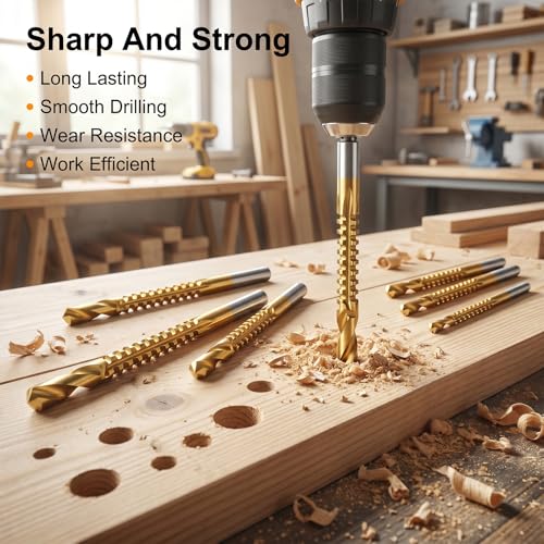 JJUNW 6 Pack Titanium Coated HSS Twist Drill Bits, 3-8mm Serrated Side Cutting Drill Bit, Hex Shank Serrated Cutting Drill Bits, Woodworking Tools for Wood Metal Plastic Hole