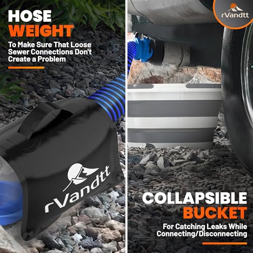 RV Sewer Accessories Kit - 15ft Sewer Hose w/4in1 Adapter, Stand, Collapsible Bucket, Nitrile Gloves, Hand Cleaner, Wrenches, Kneeling Pad, Hose Weight, and Custom Bag