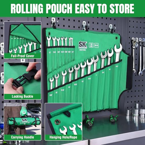 SK Combination Wrench Set, SAE 1/4" to 1-1/4", 18-Piece, Premium CR-V Steel - size: SAE 6.35 to 31.75 mm