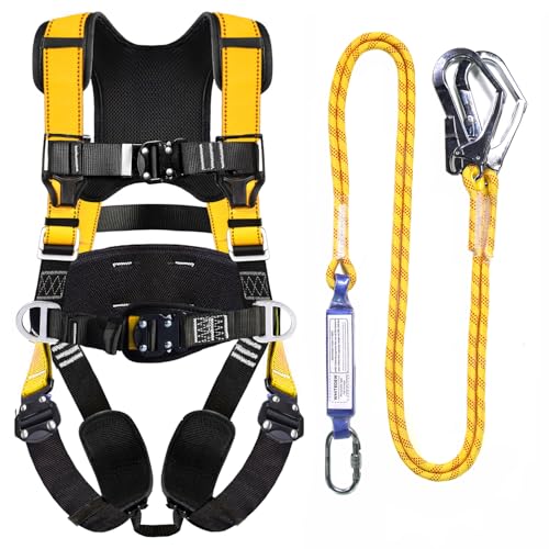 Fall Protection Premium Safety Harness with Shock Absorbing Lanyard, Vented & Padded Shoulder, Legs & Back - Upgrade 4 Quick Buckles (Yellow) - color: Yellow