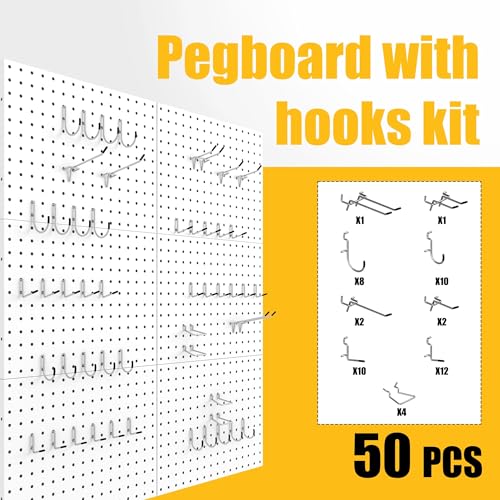 Spampur Peg Board, 6 Pack Metal Pegboard Panels with 50 Hooks - color: White, size: 16x12"- 6 Pcs