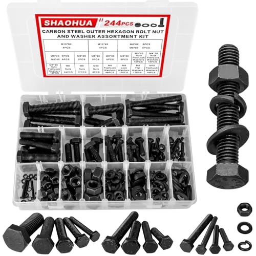 244PCS Hex Head Nuts and Bolts Assortment Kit, M10 M8 M6 M5 M4 M3 Metric Bolt Assortment, Screws and Nuts, Metric Bolt Kit, Grade 8.8 Alloy Steel Black Bolts and Nuts Kit with Lock & Flat Washers - size: B. M3 M4 M5 M6 M8 M10