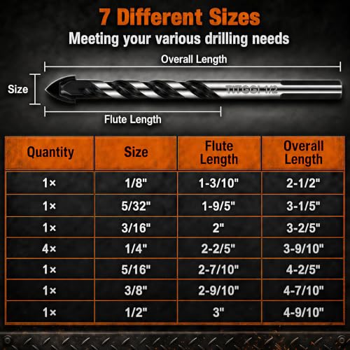 10-Piece Masonry Drill Bit Set & Concrete Drill Bit Set, 7 Sizes, 1/8"-1/2" - size: 10 pcs 1/8"-1/2" Masonry Drill Bit Set