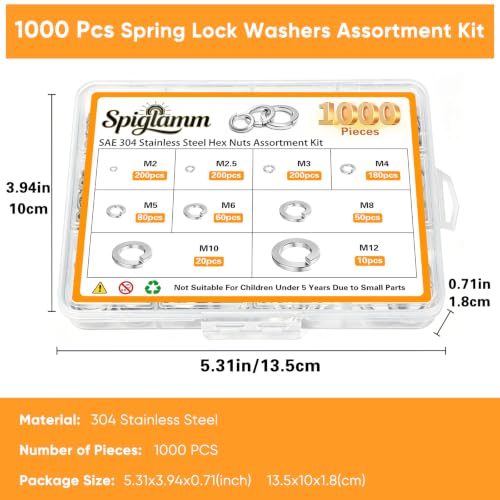 1000Pcs Spring Lock Washers Assortment Kit, Metric Split Lock Washer Set, 304 Stainless Steel Lock Washers for Screws Bolts,9 SAE Sizes M2 M2.5 M3 M4 M5 M6 M8 M10 M12