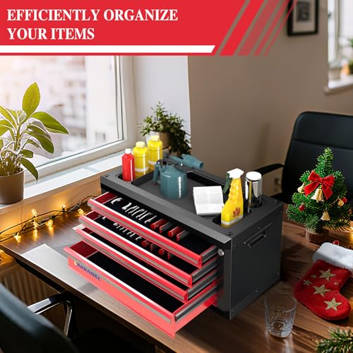 LARBANKE Portable 4-Drawer Tool Chest with Handle,Lockable Tool Box,Red
