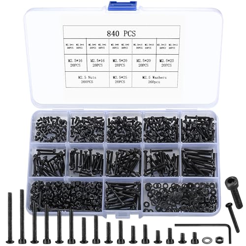 840 Pcs M2.5 Small Metric Screws with Nuts, Hex Socket Head Cap and Nut Assortment Kits, Carbon Steel Replacement Machine Fastener Screws and Bolts Nuts (M2.5 840 Black) - color: M2.5 840 Black