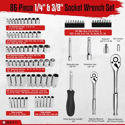 WETT 1/4" and 3/8" Drive Socket Set, 86-Piece Socket Wrench Set with Quick-Release Ratchet, Extention Bar, Adapter, 1/4" Bits, CR-V Steel, Metric/SAE, Deep/Shallow, Mirror Chrome Finish - size: 86pcs 1/4" & 3/8" (SAE/Metric, Deep/Shallow)