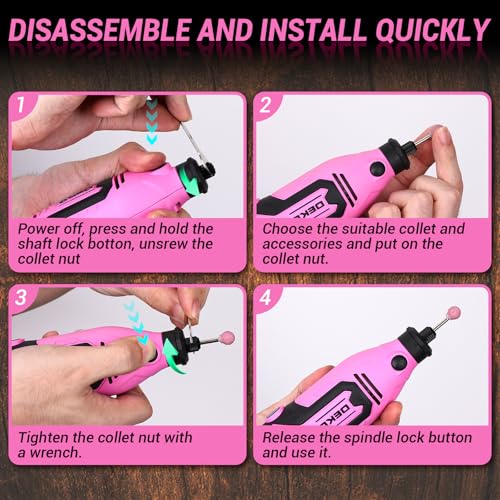 Rotary Tool Kit:DEKOPRO 1.4-Amp Power Hand Rotary Tools with 6 Variable Speed, 127pcs Accessories, 8000~35000RPM Electric Grinder Drill Machine Set with Flex Shaft for Carving, Cutting, Sanding Pink - color: Pink