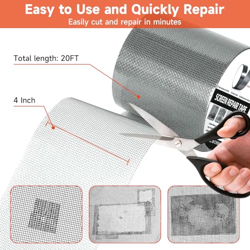 HOFUDON 4in X 20ft Window Screen Repair Tape Grey- Heavy Duty 3-Layer Adhesive, Waterproof Fiberglass Mesh - color: Grey