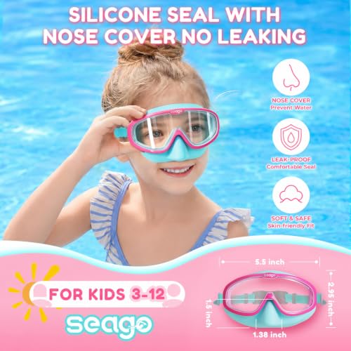 Seago Kids Swim Goggles with Nose Cover 2 Pack for 3-14 Anti-Fog Clear View - color: Pink Green & Blue White