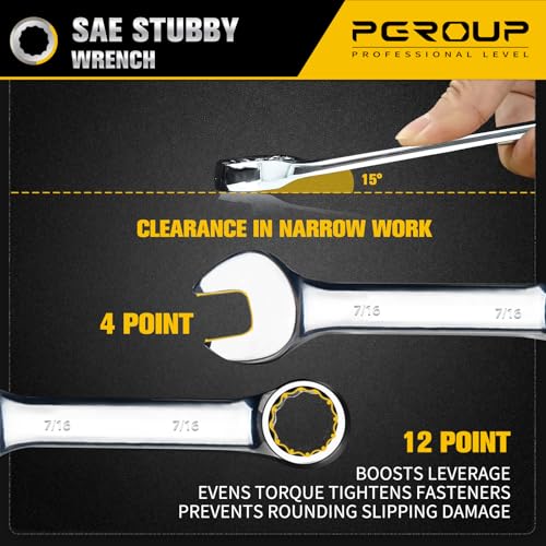 7/16" SAE Stubby Combination Wrench, CR-V Steel with Mirror Polish, 12-Point Design, 15-Degree Offset, Perfect for Pipeline Repair, Household, Car & Truck Emergency - size: 7/16"