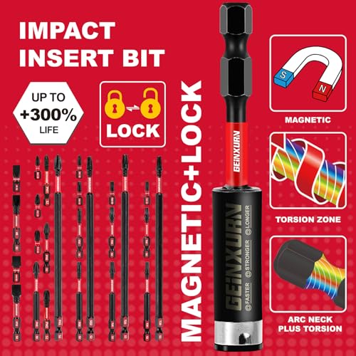 GEINXURN Impact Tough Magnetic Mixed 46Pack Insert Driver Bits, S2 Alloy Steel Screwdriver Power Bits Set with 1Pcs Impact Magnetic Bit Holder and Mini Wrench - size: MIXED-46PC