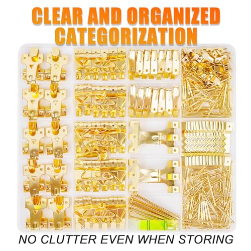 KURUI Picture Hangers, 385Pcs Picture Hanging Kit with Heavy Duty Picture Hanging Hooks, Sawtooth, Hardware Nails and Picture Hanging Tool, Wall Hangers for Frame, Painting, Art, Photo (Gold) - color: Gold
