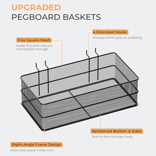 INCLY 4 Pack Upgrade Pegboard Baskets, 4 Sizes Square Metal Mesh Basket - color: Black