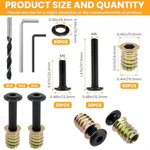 60 Sets M6 x 19/32" Threaded Insert and 4/5"＆1-1/2" Lengths Bolt for Wood - size: 1/4-20 x 19/32", 60 Sets, 4/5" & 1-1/2" Lengths
