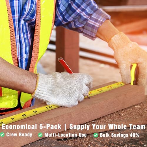 5 Pack Tape Measure 25 ft, Easy Read Measuring Tape with Fractions 1/8, Retractable 25-Foot by 1-Inch Blade with Durable Coating & Impact-Resistant Case for Contractors & DIY - size: 25 Ft